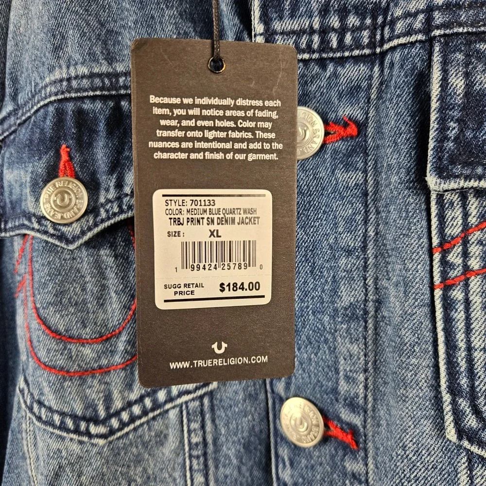 True Religion Mens Denim Jacket Medium Blue Quartz Wash Buddha Print 701133 XL